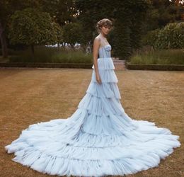 Vintage Light Blue Wedding Dresses With Straps Sweetheart Tieres Tulle Skirt Non White Luxury Bridal Gowns Couture Custom Made
