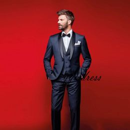 2019 Navy Blue Wedding Tuxedos Slim Fit Suits For Men Groomsmen Suit Three Pieces Cheap Prom Formal Suits (Jacket +Pants+Vest+Bow Tie)