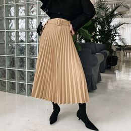 New design women's with belt sashes a-line pleated maxi long skirt plus size XS S M L solid color skirt