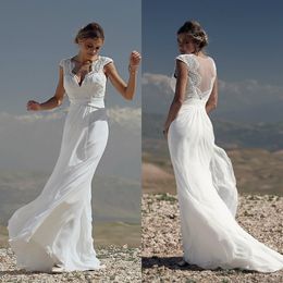 2019 Chic Mermaid Wedding Dresses V Neck Cap Sleeve Sweep Train Chiffon Bohemian Wedding Dress Custom Plus Size Beach Bridal Gowns