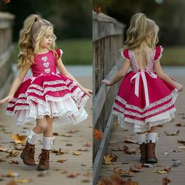 Cute 2020 Flower Girls Dresses For Wedding Multilayer Hi Lo Red Satin Lace Kids Formal Wear Jewel Ruffles Girl Pegeant Dress