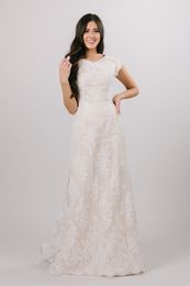 champage dresses UK - 2020 New Mermaid Lace Modest Wedding Dresses With Cap Sleeves V Neck Buttons Back Ivory Lace Champage lining Modest Bridal Gowns