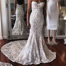 Sukienki syrenowe plus rozmiar pełne koronkowe aplikacje ukochane suknie ślubne zamiatają pociąg ślubny bez pleców