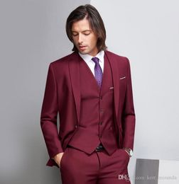 Custom Made Deep Wine Red Formal Wedding Men Suits Three Piece Notched Lapel Business Groom Wedding Tuxedos (Jacket + Pants + Vest)