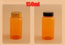 100pcs 150ML / 150CC bottiglie di plastica di colore arancione traslucido PET per integratori / Vatimins, bottiglie di plastica con tappi di metallo color oro / nero