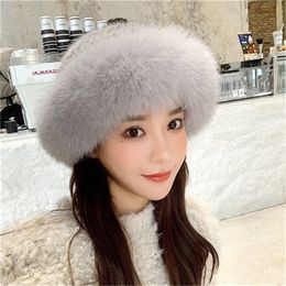 Womens Elegant Winter Real Genuine Mink Fur Hat Knitted Beanie earmuffs W Real Fox Fur Brim Cap