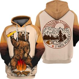 2019 3D Men Hoodie Zipper Long Sleeve Hooded Sweatshirt Bear Beer Fire Print Customize Street Style Unisex Zipper Hoodie