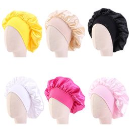 8Colors Satin Night Sleep Cap Kids Girl Hair Care Bonnet Hat Elastic Wide Band Cover Wrap Hat Turban Beanies Skullies Shower Cap