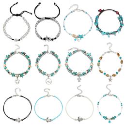 16PCS Anklets for Women Girls Blue Starfish Turtle Elephant Charm Ankle Bracelets Multilayer Foot Set Jewelry Handmade