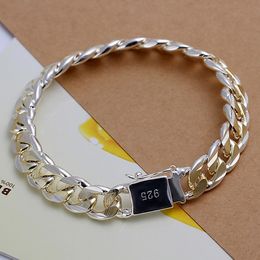 Men's Jewellery bracelet 925 Plated Silver 10mm wide 21cm golden thick fine fashion bracelet Pulseiras de Prata male modle Bijoux