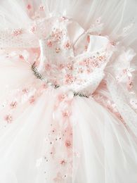 cute pink flower girl dresses vneck long sleeve hand made flower beaded sequins girl pageant sash sweep train custom made birthday gown