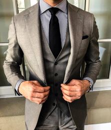 2019 Newest Men Suits Three Button Grey Groom Wear Three Pieces (Jacket+Pant+Vest) Wedding Tuxedos Custome Made Costume Sets