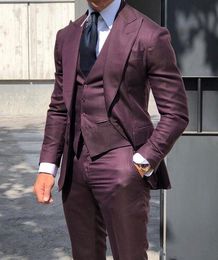 New Handsome One Button Burgundy Wedding Groom Tuxedos Peak Lapel Groomsmen Men Suits Prom Blazer (Jacket+Pants+Vest+Tie) 063