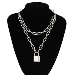 Double Layer Lock Chain Necklace Punk Hip Hop Personality Link Chain Silver Gold Men Padlock Pendant Necklaces Women Fashion Gothic Jewellery