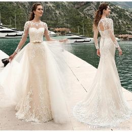 Sheer Sweetheart Neck Sheath Lace Wedding Dress Long Sleeves Keyhole Back Bridal Dress with Detachable Skirt Custom Made Corset Wedding Gown
