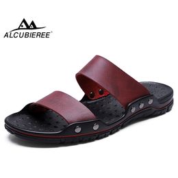 ALCUBIEREE Summer Breathable Peep Toe Sandals Footwear for Man Split Leather Slide Shoe Mens Casual Slip-on Slippers Beach Shoes