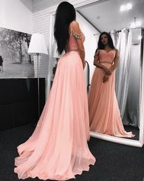 -Vintage Off Shoulder Pink Chiffon Prom Dress Spaghetti Strap con cuentas Largo Vestido de noche Pliegues Pleats Ruched A Line Arabic Party Bats