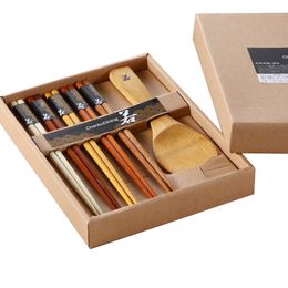 Promotional 5 Pair Wooden Japanese Chopsticks Gift Set with Rice Ladle Paddle for Serving Sushi in Raw Wood Colour Wedding Favours