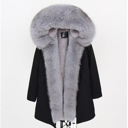 Special price fox furs MAOMAOKONG brand women fur jackets grey fox Threshold fur trim grey rabbit fur lining black long parkas