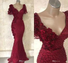 Red Mermaid Evening Dresses V Neck Lace 3D Floral Appliqued Pearls Gorgeous Prom Dress Party Wear Floor Length Carpet Gowns