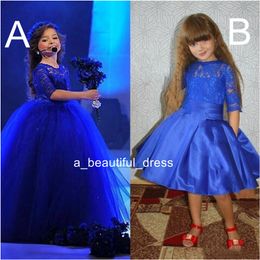 Royal Blue Princess Flower Girl Dresses Detachable Skirt Vintage Lace Half Sleeve Tulle Girls Birthday Pageant Dresses Lovely Cyustom FG1340