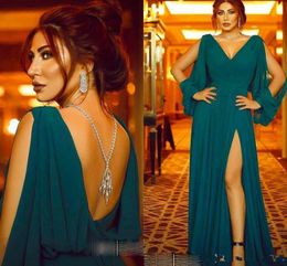 Pea Blue Prom Dresses Long Sleeves Chiffon V Neck Off Shoulder Side Slit Custom Made Split Evening Party Gowns Formal Ocn Wear