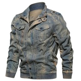 Giubbotto bomber in denim da uomo Colletto alla coreana Giacca militare vintage Cappotto Bomber leggero e sottile Giacca a vento Capispalla