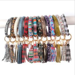 Wristlet Keychain Bracelet with Tassel 33 Colors Bangle Round Key Ring Leather Key Holder Sunflower Leopard Charm Bracelets