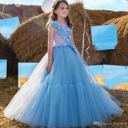 Princess Beads Sheer Tulle Long Blue Flower Girls' Dresses Keyhole Back Kids Tutu Girls Pageant Gowns Birthday First Communion Party Wear