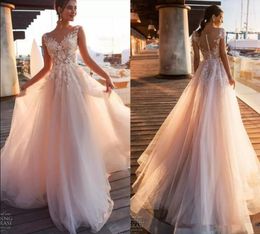 Blush Pink A Line Wedding Dresses 2020 Cap Short Sleeves Sheer Neck Illusion Button Back Lace Appliques Bridal Gowns Beach Wedding Dresses 7