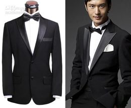 New High Quality Black Groom Tuxedos Peak Lapel Best Man Groomsmen Men Wedding Suits Bridegroom (Jacket+Pants+Bow Tie+Girdle) 1428