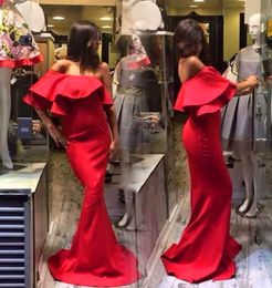 Cheap Red Mermaid Long Prom Dresses Off the Shoulder Ruffles Evening Gowns Formal Dresses robe de soiree