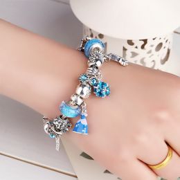Wholesale-925 Silver Murano Princess skirt pendant European Charms Beads Safety Chain Bracelet Fits Pandora Charm Bracelets