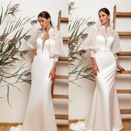 2020 Elegant Mermaid Wedding Dresses Lace Appliques Satin Wedding Gowns 3/4 Long Sleeves Sweep Train Vestidos De Novia