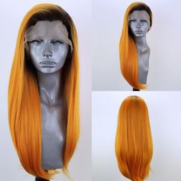 Long Kylie Jenner Style Orange Colour Brazilian Full Lace Front Wig Ombre Synthetic Wig with Natural Hairline African Women Wig