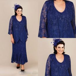 Plus Size Blue Vintage Mother Of The Bride Dresses With Jacket Scoop Neck Lace Mothers Groom Dress Cheap Full Lace Evening Gowns