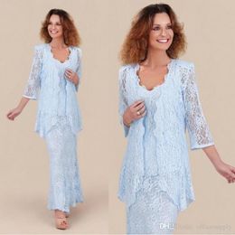 Elegant Light Blue Illusion Mother New Of The Bride Dresses With Jacket Ankle Length Long Sleeve Wedding Evening Gowns Custom Made