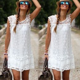 Hot Summer Women Dress New Sexy Ladies Sleeveless White Tassels Floral Lace Mini Dress Evening Party Dresses Fashion Tunics Tops