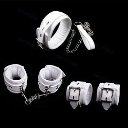 Bondage White Leather Slave Handcuffs Ankle Cuffs Restraints Neck Collar W/ Chain Leash #R98