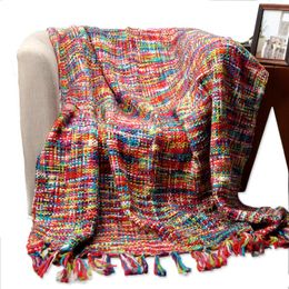 Bohemian Colorful knitted decorative sofa blanket cape Thread blanket slipcover carpet Bed flower printed with Tassels