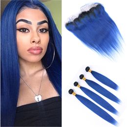 #1B Blue Ombre Bundles with Frontal Black Roots and Dark Blue Ombre Brazilian Straight Weaves Human Hair 4Bundles with Lace Frontal 13x4"