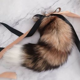 40cm/16" - Real Genuine Sun Fox Fur Tail Plug W Silk Metal Stainless Butt Toy Plug Insert Anal Sexy Stopper