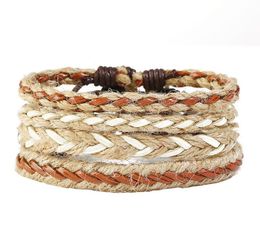 Man cowhide Leather Bracelet DIY hand woven Multilayer Woven hemp rope bracelet Combination suit Bracelet 4styles/1set