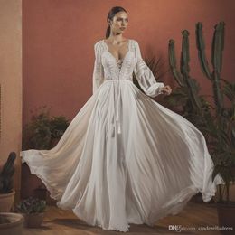 Abiti da sposa stile country bohémien A line manica lunga scollo a V senza schienale abito da sposa in chiffon boho con applicazioni in pizzo abiti da sposa