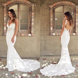 elegant satin mermaid wedding dresses bohemian v neck appliqued beaded bridal gowns country garden backless wedding dress