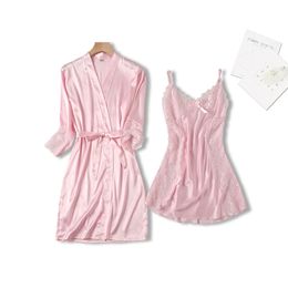 2021 Women Fashion Soft Satin Two-Piece Pyjamas Sets Ice Silk Sexy Lace Nightgown Sleepwear Plus Size M-XL