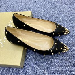 free fashion women pumps black matt leather spikes point toe flat shoes brand new with box big size 3344