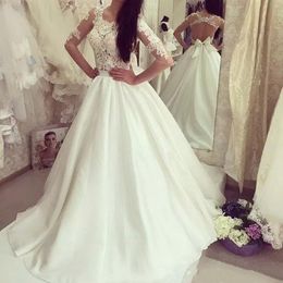 Elegant O-neck A-line Beach Wedding Dresses Backless Appliques Satin Sweep Train 3/4 Sleeve Bridal Wedding Gowns Free Shipping