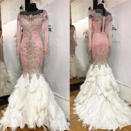 New Luxury Feather Mermaid Dresses Evening Wear Long Sleeve Beaded Sheer Neckline Vintage Prom Gowns Crystal Saudi Arabia Red Carpet Dress