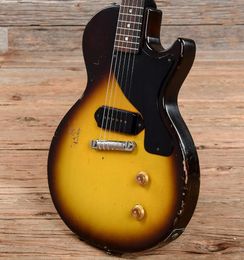 Custom 1957 Junior Sunburst / Dark Brown Heavy Relic Electric Guitar One Piece Mahogany Body & Neck, Black P90 Pickup, Wraparound Tailpiece